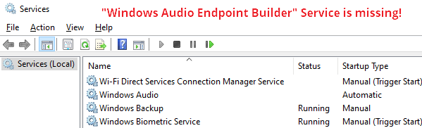 Windows audio endpoint builder отсутствует