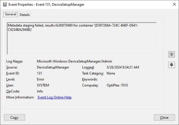 Metadata Staging Failed With Error 0x80070490 - DeviceSetupManager 131 ...