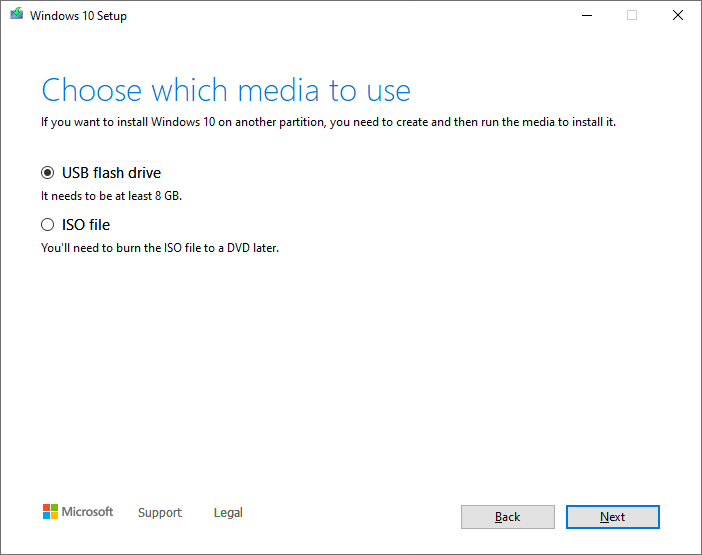 MCT - choose media - ISO or USB flash drive
