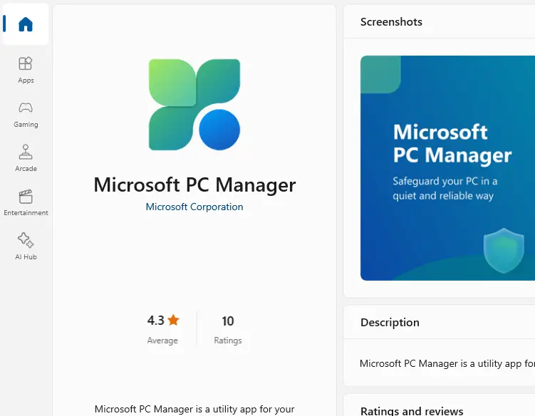 microsoft pc manager not available in microsoft store