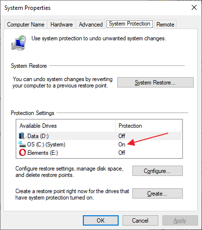 system restore point - disk space allocation
