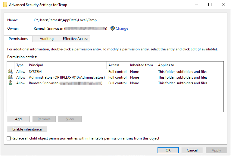 temp folder permissions advanced security dialog