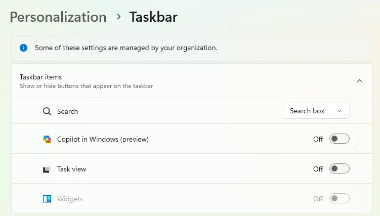widgets grayed out in taskbar settings